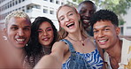 Gen z friends, selfie and group in city with fashion, diversity and excited smile on web blog on road. Men, women or people in solidarity for profile picture, photography or memory on social network