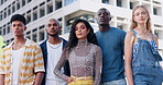 City fashion, portrait and gen z friends with confidence, solidarity and diversity with streetwear. Urban culture, group of young men and women on street with serious social, cool style and relax.