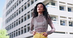 Fashion, confidence and face of woman in city with trendy clothes, modern style and cool outfit. Weekend, gen z model and portrait of young person with pride, cosmetics and makeup in urban town