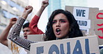 Protest, peace and group in a city, posters and equal rights with justice, Palestine and cardboard. Students, men and women with support, march and change with community, South Africa and screaming
