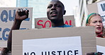 People, diversity and protest with billboards for justice in city for human rights or justice. Group or community of activist and protesting with signs and posters for rally or empowerment in town