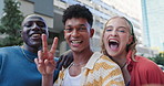 Friends, selfie and face in city with peace sign, fashion and diversity for post on web blog on road. Men, woman or gen z people in portrait for profile picture, photography or memory on social media
