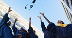 Group, friends and throw cap for graduation, celebration and achievement with applause, happy and success. People, students and cheers for goals, studying and below in city, street or urban sidewalk