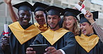 Group, students and graduation with selfie, ceremony or social media with blog post, happiness or excited. People, diversity or men with women, friends or cheerful with joy, university or achievement