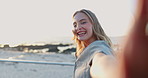Selfie, woman and beach with vacation, excited or social media with adventure, influencer or nature. Face, person or girl with happiness, seaside or holiday with vlog, travel or getaway trip with joy