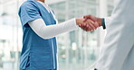 Handshake, greeting and doctor meeting in clinic, partnership and agreement on healthcare. B2b, collaboration and hello or welcome for onboarding in hospital, networking and trust in cooperation