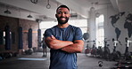 Man, face or happy for fitness in gym, membership or confident for training wellness for healthy body. Man, pride or sports portrait with commitment in exercise class, positive or equipment in studio