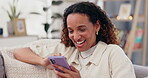 Woman, phone and laughing for comedy on social media, comic and funny joke on technology at home. Female person, mobile application and reading meme online, humor and silly message or info on web