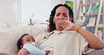 Woman, baby and tired yawn in home for mother parenting fatigue for exhausted burnout, stress or overworked. Female person, hand and drained for kid support care on sofa in apartment, sleepy or rest