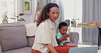Mother, baby and laptop for work from home, online planning and reading website for job search. African mom, freelance writer or woman on sofa and computer multitasking with for child care and blog
