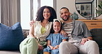 Portrait of mom, dad and kid on couch with smile, love and bonding together in living room of home. Face of happy family with father, mother and daughter sitting on sofa, relax and embrace in lounge.