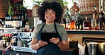 Tablet, restaurant bartender and happy woman typing checklist for alcohol stock, store trade or inventory. Portrait, job experience and manager check online list of drinks for supply chain services