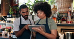 Tablet, restaurant bartender and people discussion on checklist for alcohol stock, store trade or inventory. Fast talking, small business team and seller cooperation on drinks supply chain services