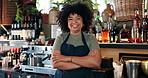 Welcome, coffee shop and portrait of woman with confidence at counter, waitress or barista at restaurant startup. Bistro, bar service and drinks, happy small business owner, manager or boss at cafe.
