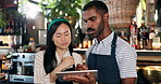 Tablet, restaurant bartender and team discussion on alcohol stock, store trade or bar inventory in startup business. Planning, hospitality service and entrepreneur cooperation on drinks supply chain