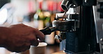 Cafe, coffee grinder and hands pouring espresso with barista, small business and hospitality. Cappuccino, ground beans and service, person in bistro or restaurant with hot drink, latte or fresh brew.