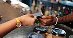 Barista, hands and credit card at coffee shop POS, fintech payment and cafe, restaurant or small business services. Cashier or people hands at point of sale counter, machine and scan for drink order