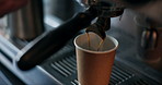 Cafe, coffee machine and pouring espresso for take away with barista, small business or hospitality. Cappuccino, ground beans and service, person in bistro or restaurant with hot drink, latte or brew