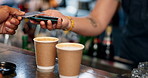 Customer, hands and credit card at coffee shop POS, fintech payment and cafe, restaurant or small business services. Barista or people hands at point of sale counter, machine and scan for drink order