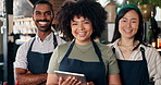 Diversity, restaurant and portrait of team at bar with manager, waiter and waitress at startup with digital app. Bistro, service barman and welcome, happy small business owner at cafe with tablet.