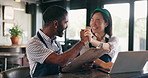 Coffee shop, success or catering team high five with laptop, clipboard or startup loan approval celebration. Restaurant, small business or server people hands together for victory, milestone or win