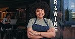 Happy black woman, cafe and owner by door of small business in confidence for management. Portrait of young African female person or waitress smile with arms crossed of professional at coffee shop