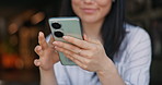 Hands, woman and phone for texting, closeup or happy for funny video, meme or comic web blog. Girl, Japanese person and smartphone for typing, scroll or click for reading notification on social media