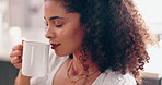 Woman, smell coffee and morning in home with steam, flavor and thinking with memory, vision or idea. African girl, tea cup and scent with latte, espresso or coco in house, apartment and remember