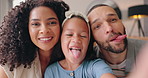 Parents, girl and selfie with funny face, home and laughing with comic joke, happy and post on web blog. Father, mother and daughter with profile picture, memory and photography for social network