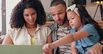 Happy family, talking and choose online on laptop on couch, living room and bonding together by streaming video. Man, woman and child with pick cartoon on kids network, pc and love on sofa in home