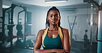 Fitness club, face and serious black woman confident in gym, muscle building or commitment to exercise. Focus, portrait and female body builder determined for workout, training or sports discipline