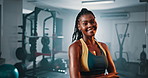 Fitness club, smile or black woman confident in gym, muscle building or exercise commitment. Dedication, portrait or female body builder determined for active lifestyle, training or sports discipline