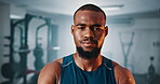 Fitness club, face and black man serious about gym routine, bodybuilding or physical exercise. Dedication, portrait or African person determined for active lifestyle, training or sports wellness