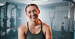 Gym, happiness and face of woman confident in fitness club, bodybuilding or strength exercise. Smile, portrait and laughing bodybuilder ready for athlete workout, training and challenge performance
