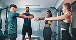 Gym, class and people stretching for fitness community, bodybuilding or exercise for sports development. Wellness circle, workout and group warm up to start club challenge, team activity or training