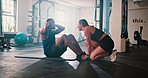 Fitness, exercise or push ups with athlete and personal trainer in gym for training or workout routine. Coaching, goals or target with sports man and woman in health club together for motivation