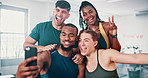 Fitness, gym and selfie with people, training and wellness with health or social media with profile picture. Men, women or smartphone with sports or workout with blog post or influencer with cheering