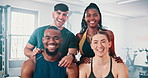 Gym people, face or friends smile for fitness teamwork, bodybuilding community or sport exercise dedication. Wellness, group portrait or bodybuilder happiness for training, workout or muscle building