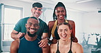Face, group and people in a gym, fitness and smile with motivation and support for training. Portrait, men and women with joy and laughing with break and workout with exercise, wellness and healthy