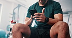 Gym, phone and hands of person typing workout information, training instruction or fitness article. Smartphone, closeup and athlete check social network post on challenge, exercise or club activity