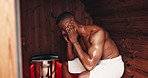 Hot sauna, wellness and relax man with temple massage for stress relief, self care routine and steam treatment. Spa salon, gym facility and African person to refresh at retreat, lodge or resort