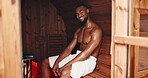 Fitness, smile and black man sweating in sauna of gym to relax for health, wellness or detox. Portrait, spa and bathroom of sports club with young bodybuilder in towel for natural stress relief
