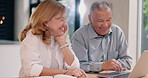 Home, old couple and laptop with smile, internet and connection with planning, retirement fund and finances. Apartment, senior man and mature woman with computer, notebook and website info with smile