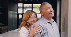 Hug, home and senior couple by window for bonding, happiness and loving relationship in morning. Retirement, marriage and mature man and woman embrace for love, commitment and support in house