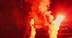 woman, fire and performance on beach dancer for New Years celebration or red light, smoke or adventure. Female person, flare and sparkle at ocean or party for entertainment show, artist or nightlife
