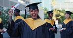 Face, outdoor and woman with graduation, certificate and university with success, achievement and excited. Portrait, students and person with smile, event and celebration with scholarship and college