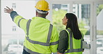 Man, woman and engineer teamwork at construction site for planning blueprints, floor plan or conversation. Contractor, discussion and city building or problem solving collaboration, design or project