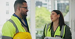 Engineer, man and woman with conversation, teamwork and business with discussion and planning. People, manager and employee with architecture and partnership with cooperation, talking and industrial