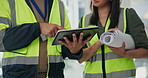 Construction, teamwork and hands of people with tablet for inspection, maintenance and building. Architecture, engineering and workers on digital tech for research, website or planning with blueprint