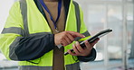 Construction, engineering and hands of man with tablet for inspection, maintenance and building. Architecture, development and contractor on digital tech for research, website and online report 